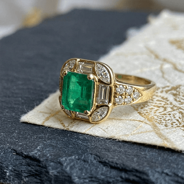 Art Deco Geometric Asscher Cut Emerald Sapphire Halo Engagement Ring