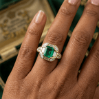 Art Deco Geometric Asscher Cut Emerald Sapphire Halo Engagement Ring