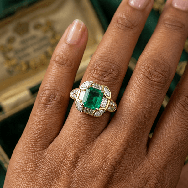 Art Deco Geometric Asscher Cut Emerald Sapphire Halo Engagement Ring
