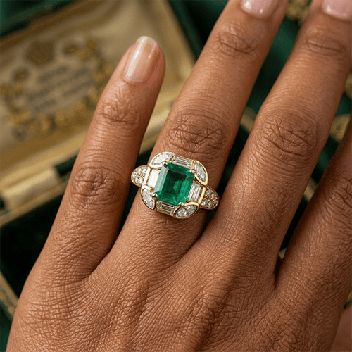Art Deco Geometric Asscher Cut Emerald Sapphire Halo Engagement Ring