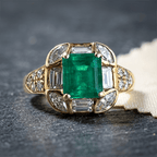Art Deco Geometric Asscher Cut Emerald Sapphire Halo Engagement Ring
