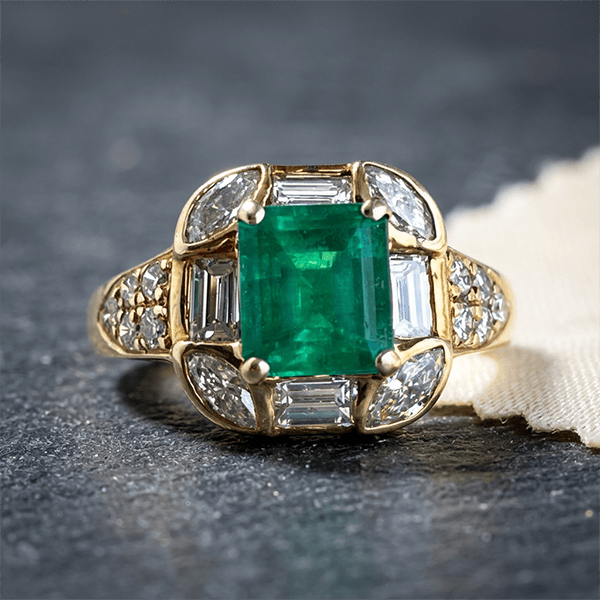 Art Deco Geometric Asscher Cut Emerald Sapphire Halo Engagement Ring