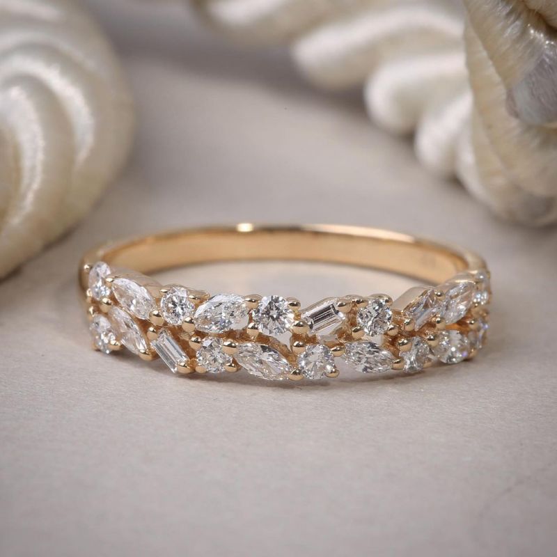Golden Two Row Multi-Cut White Sapphire Wedding Band For Women Belovegrace