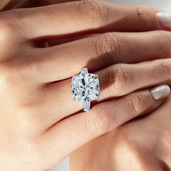 Three Stone Cushion Cut White Sapphire Engagement Ring For Women Belovegrace