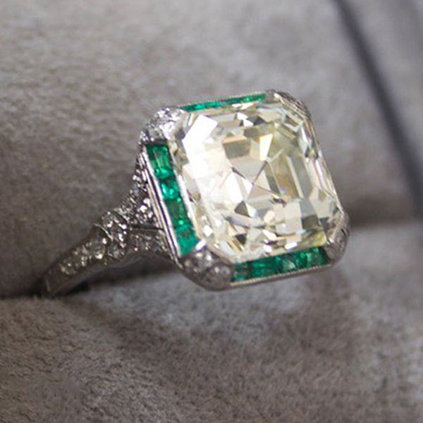 Art Deco Halo White & Emerald Sapphire Asscher Cut Engagement Ring For Women Belovegrace