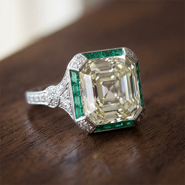 Art Deco Halo Asscher Cut White & Emerald Sapphire Engagement Ring