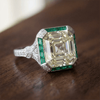 Art Deco Halo Asscher Cut White & Emerald Sapphire Engagement Ring