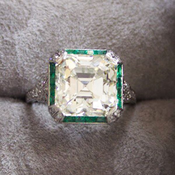 Art Deco Halo White & Emerald Sapphire Asscher Cut Engagement Ring For Women Belovegrace