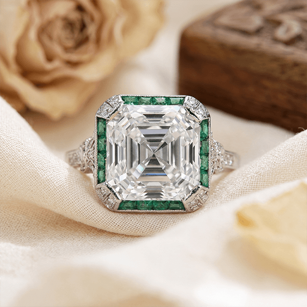 Art Deco Halo Asscher Cut White & Emerald Sapphire Engagement Ring