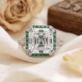 Art Deco Halo Asscher Cut White & Emerald Sapphire Engagement Ring