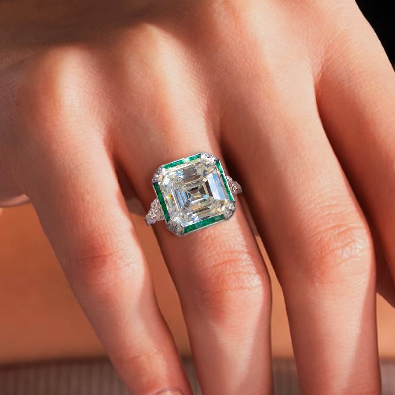 Art Deco Halo White & Emerald Sapphire Asscher Cut Engagement Ring For Women Belovegrace