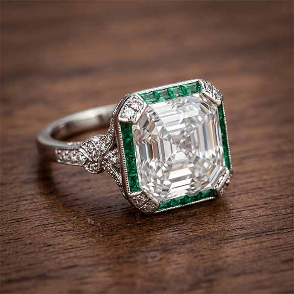 Art Deco Halo Asscher Cut White & Emerald Sapphire Engagement Ring