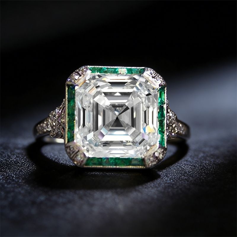 Art Deco Halo Asscher Cut White & Emerald Sapphire Moissanite Engagement Ring