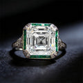 Art Deco Halo Asscher Cut White & Emerald Sapphire Moissanite Engagement Ring