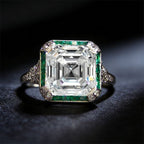 Art Deco Halo Asscher Cut White & Emerald Sapphire Moissanite Engagement Ring