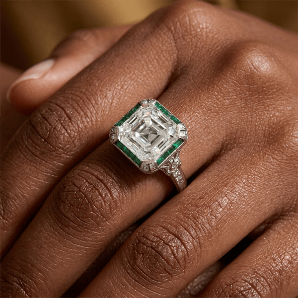 Art Deco Halo Asscher Cut White & Emerald Sapphire Engagement Ring