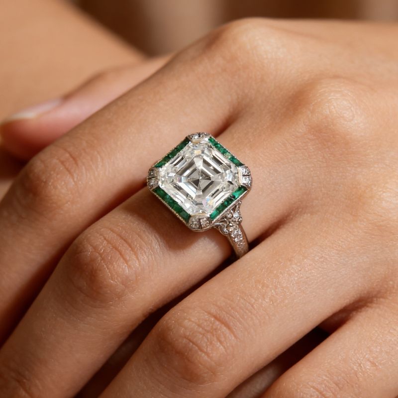 Art Deco Halo Asscher Cut White & Emerald Sapphire Moissanite Engagement Ring