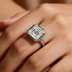 Art Deco Halo Asscher Cut White & Emerald Sapphire Moissanite Engagement Ring
