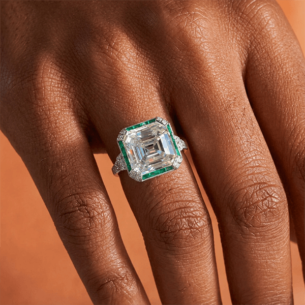 Art Deco Halo Asscher Cut White & Emerald Sapphire Engagement Ring
