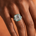 Art Deco Halo Asscher Cut White & Emerald Sapphire Engagement Ring