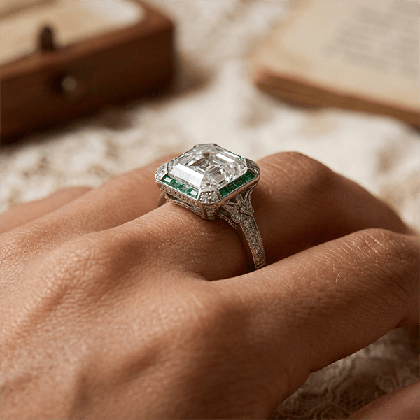 Art Deco Halo Asscher Cut White & Emerald Sapphire Engagement Ring