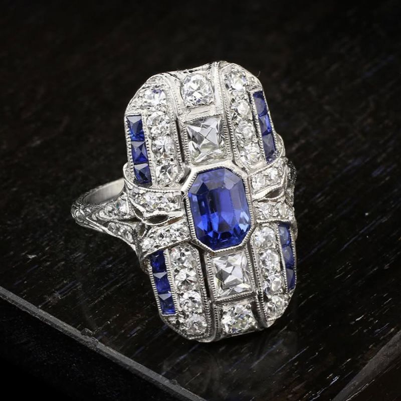 Art Deco Emerald Cut Blue & White Sapphire Cocktail Ring For Women Belovegrace
