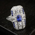 Art Deco Emerald Cut Blue & White Sapphire Cocktail Ring For Women Belovegrace