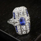Art Deco Emerald Cut Blue & White Sapphire Cocktail Ring For Women Belovegrace