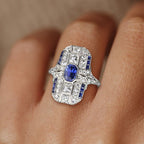 Art Deco Emerald Cut Blue & White Sapphire Cocktail Ring For Women Belovegrace