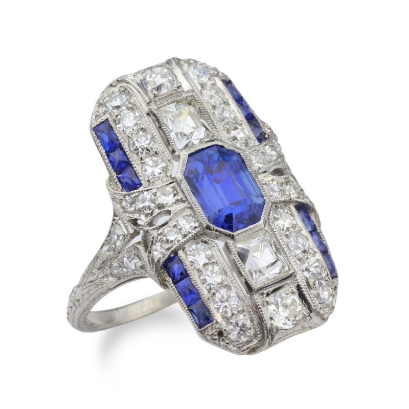 Art Deco Emerald Cut Blue & White Sapphire Cocktail Ring For Women Belovegrace