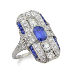 Art Deco Emerald Cut Blue & White Sapphire Cocktail Ring For Women Belovegrace
