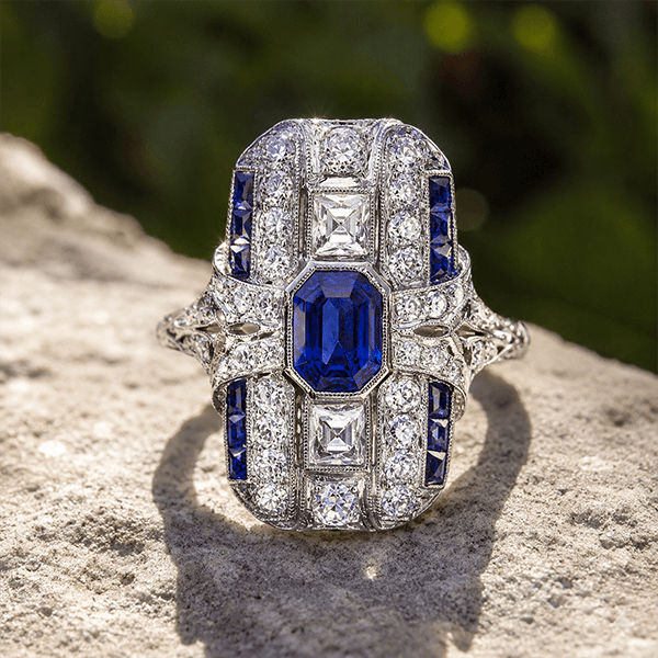Art Deco Bezel Emerald Cut Blue Sapphire Halo Engagement Ring