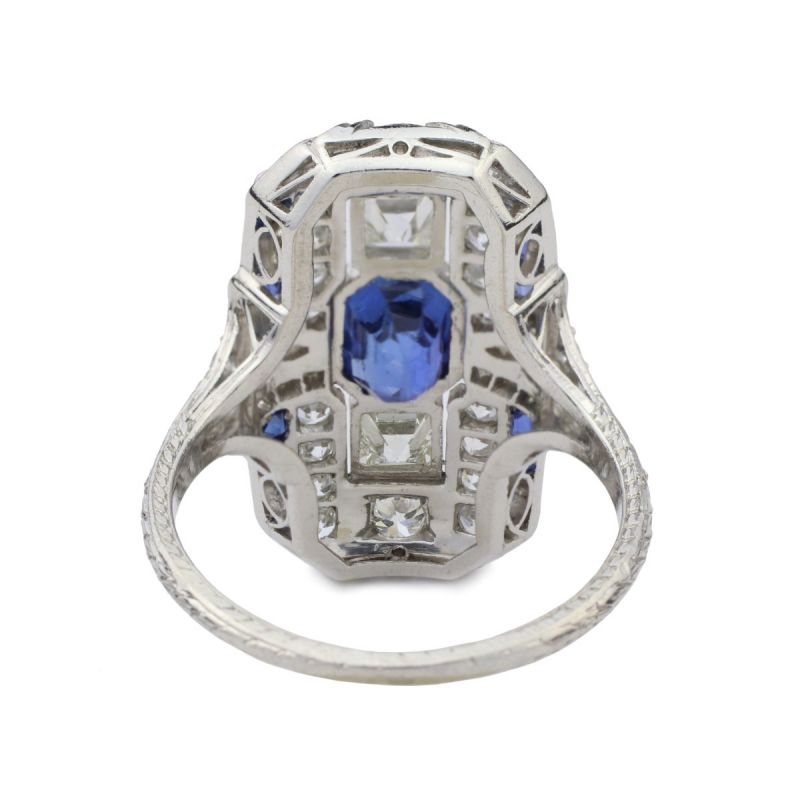 Art Deco Emerald Cut Blue & White Sapphire Cocktail Ring For Women Belovegrace