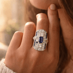Art Deco Emerald Cut Blue Sapphire Moissanite Halo Engagement Ring