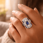 Art Deco Emerald Cut Blue Sapphire Moissanite Halo Engagement Ring