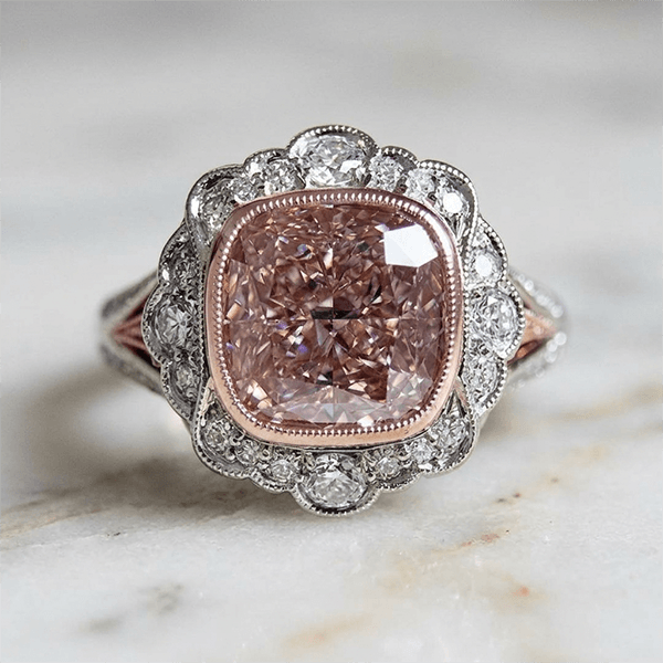 Art Deco Halo Cushion Cut Pink & White Sapphire Engagement Ring