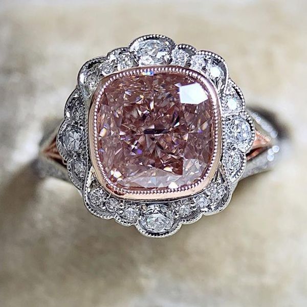 Art Deco Halo Cushion Cut Pink Sapphire Engagement Ring For Women Belovegrace
