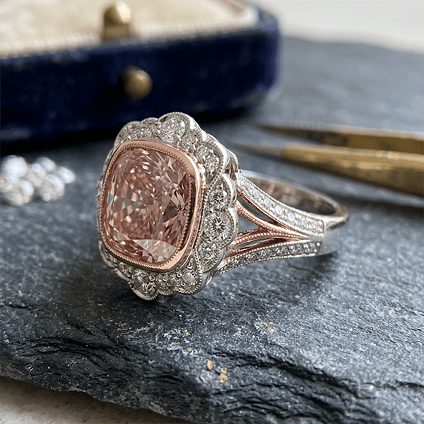 Art Deco Halo Cushion Cut Pink & White Sapphire Engagement Ring