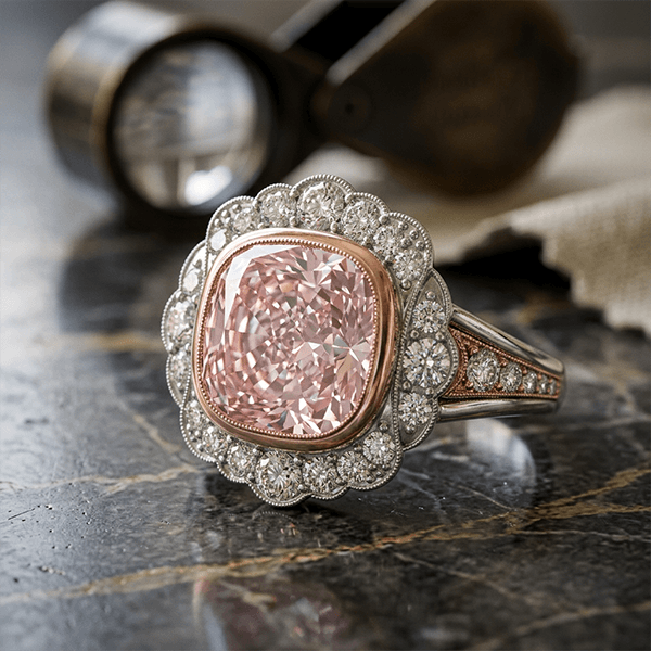 Art Deco Halo Cushion Cut Pink & White Sapphire Engagement Ring
