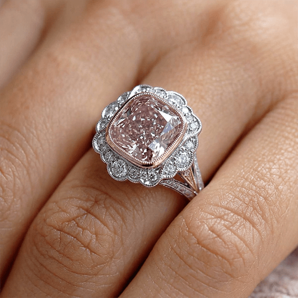 Art Deco Halo Cushion Cut Pink & White Sapphire Engagement Ring