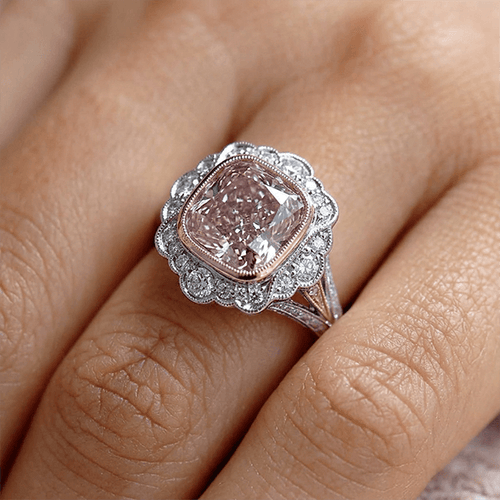 Art Deco Halo Cushion Cut Pink & White Sapphire Engagement Ring