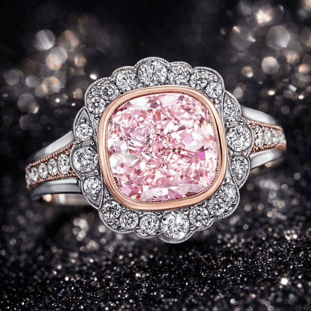 Art Deco Halo Cushion Cut Pink & White Sapphire Moissanite Engagement Ring