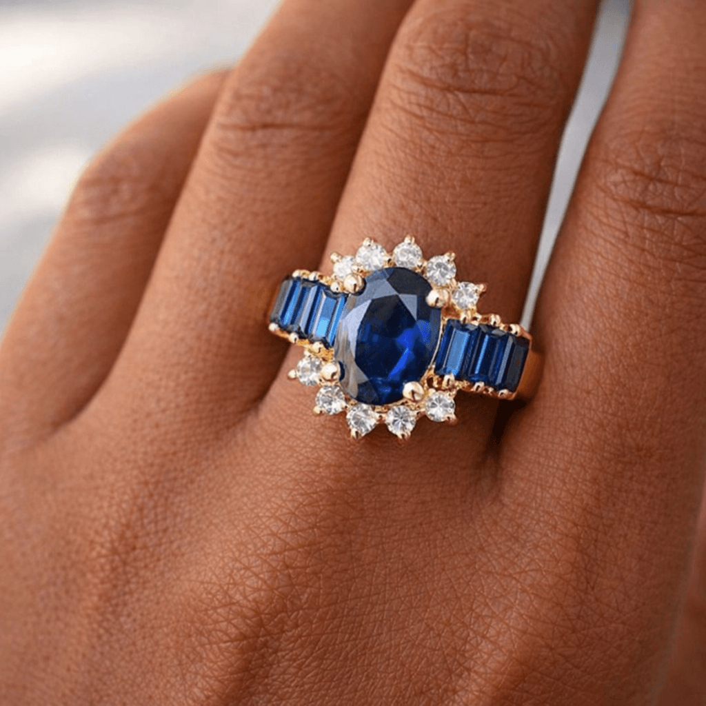 Luxury Floral Halo Oval Cut Blue Sapphire Moissanite Engagement Ring