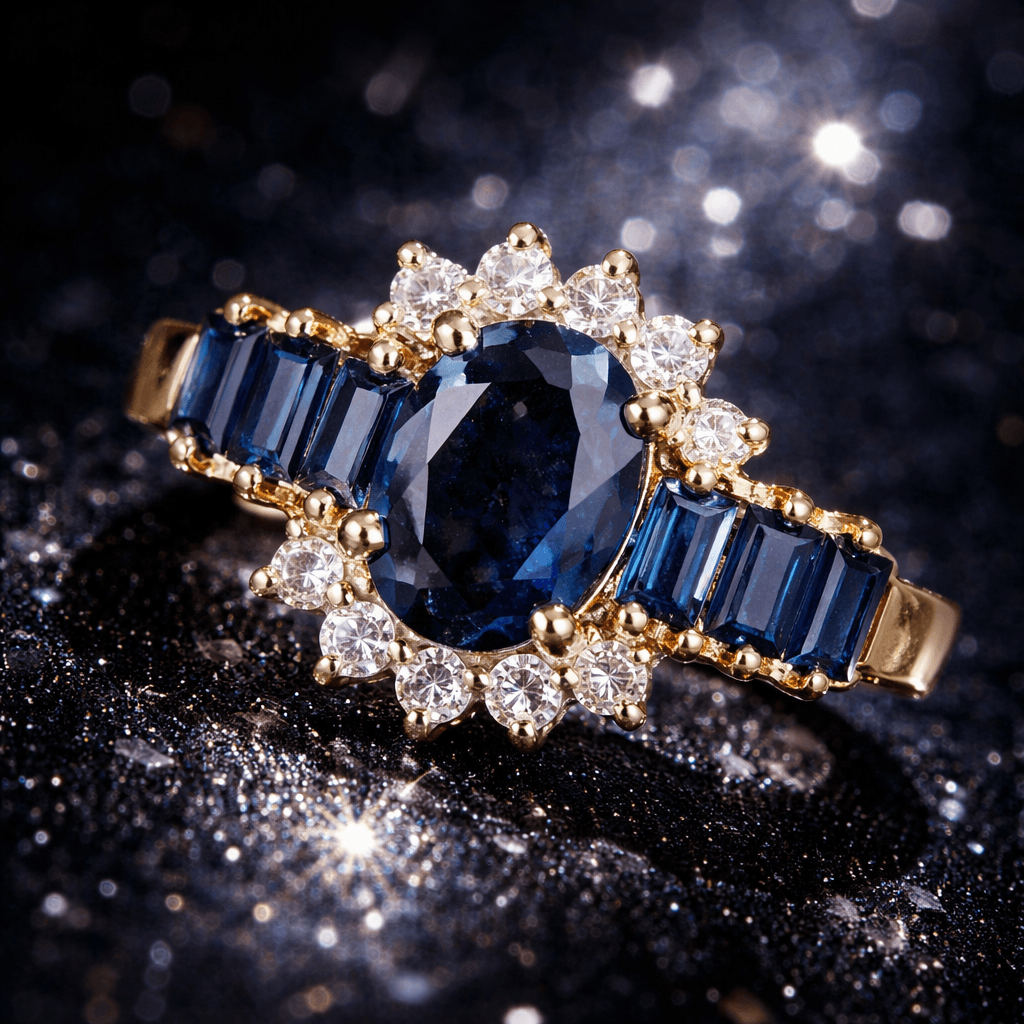 Luxury Floral Halo Oval Cut Blue Sapphire Moissanite Engagement Ring