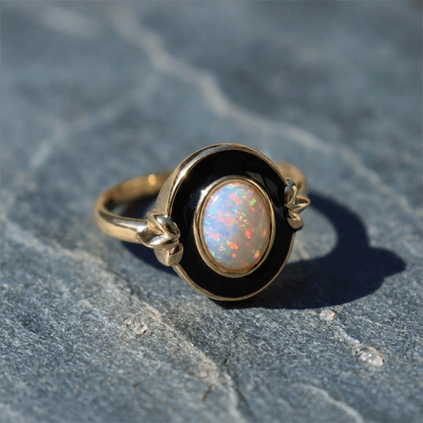 Retro Opal Yellow Gold Black Oval Cabochon Cut Engagement Ring