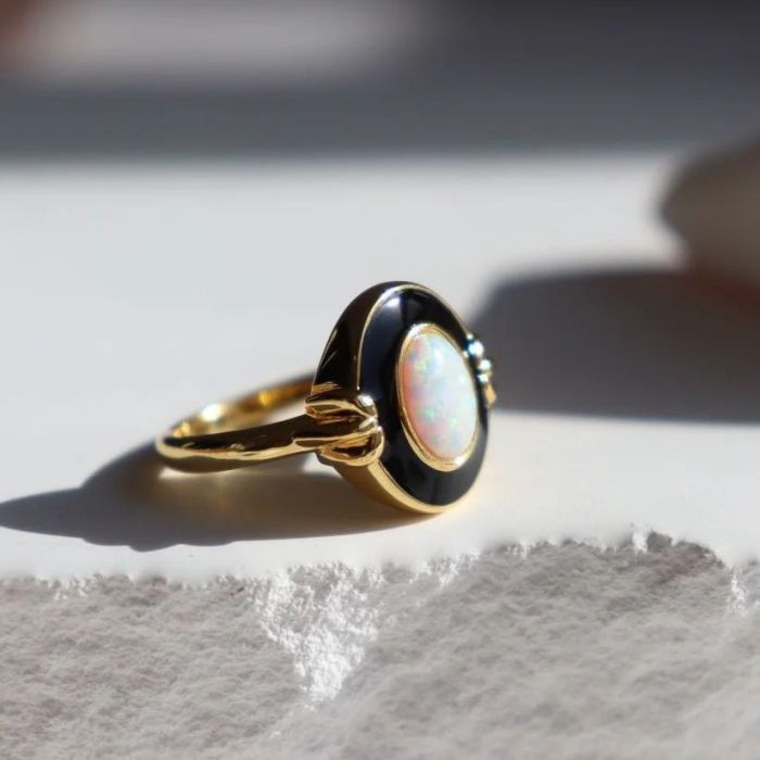 Vintage Golden Oval Cut White Opal Engagement Ring For Women Belovegrace