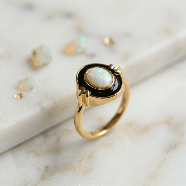 Retro Opal Yellow Gold Black Oval Cabochon Cut Engagement Ring