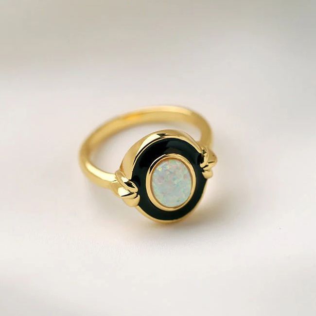 Vintage Golden Oval Cut White Opal Engagement Ring For Women Belovegrace