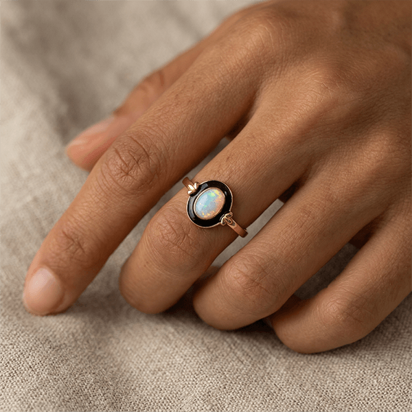 Retro Opal Yellow Gold Black Oval Cabochon Cut Engagement Ring