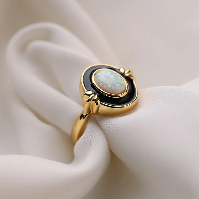 Vintage Golden Oval Cut White Opal Engagement Ring For Women Belovegrace